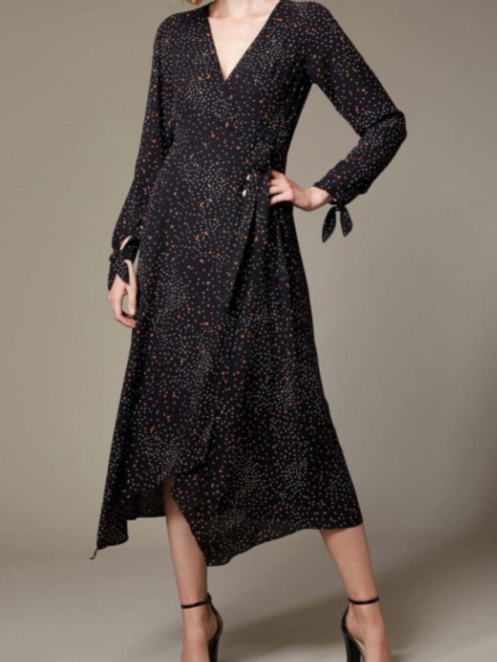 Karen Millen Black Star Print Wrap Midi Dress Long Sleeve Tie Cuff US 4